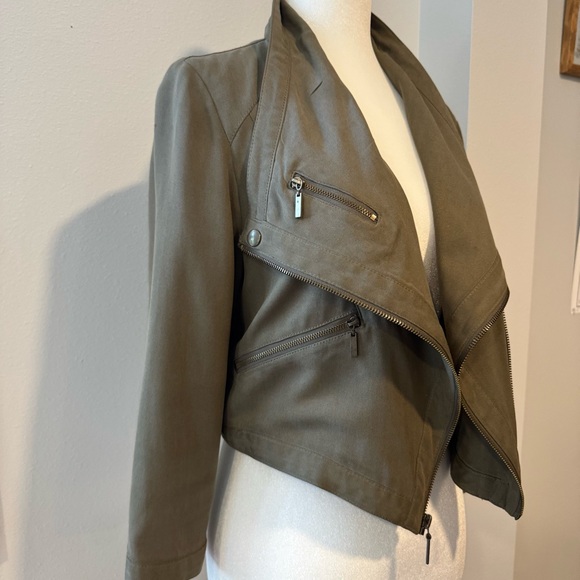Y2K INC olive green taupe cropped convertible silk moto jacket size medium - Picture 3 of 14